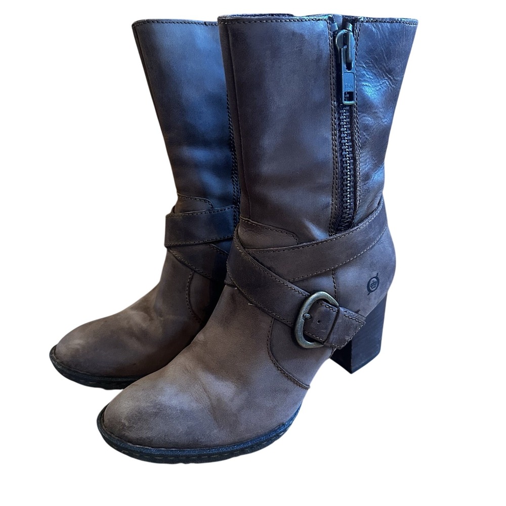 Born Brown Leatherβ Boots Womens 6.5 Chunky Heel Both Side Zip Buckle Casual